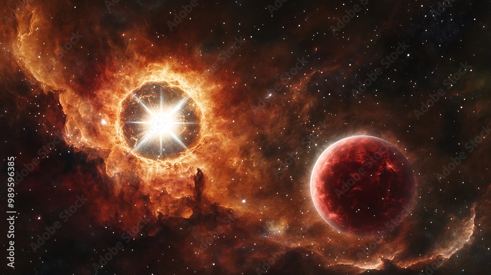 Obraz premium A White Dwarf-Red Giant Binary System Immersed in a Molecular Cloud