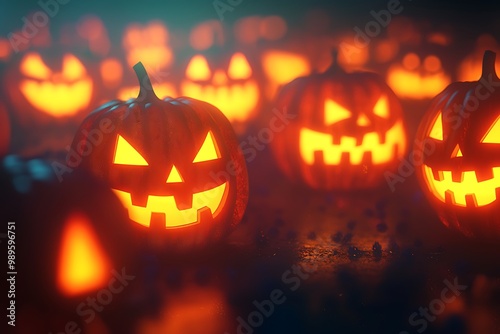 Dark Halloween night illuminated by sinister expressions of glowing jack-o'-lanterns, rendered via AI.