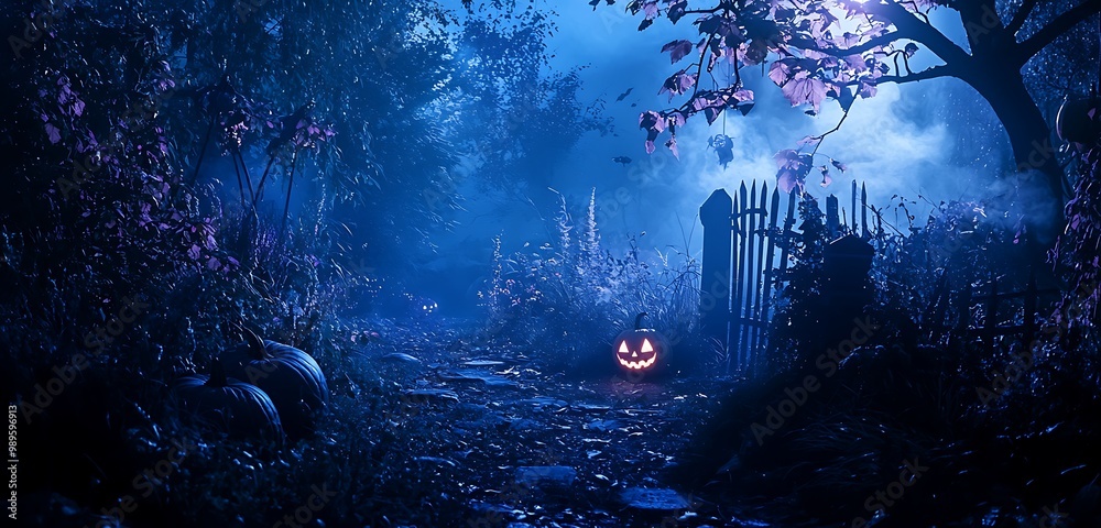 Obraz premium Low-light Halloween photo capturing a mood of deep blues and eerie purples.