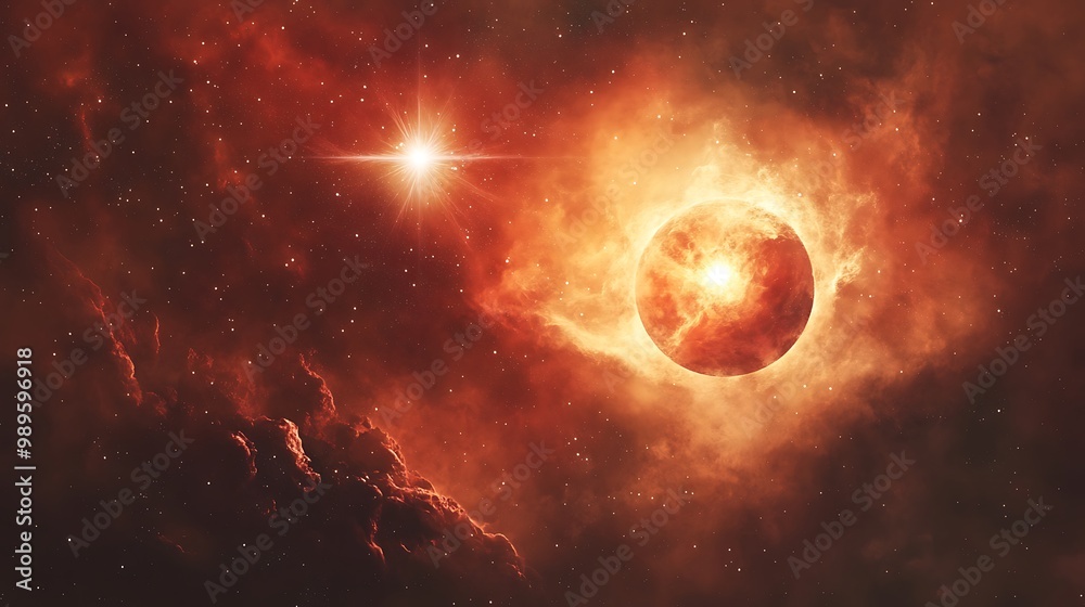 Binary star system with one star being a white dwarf and the other a red giant within a molecular cloud filled with dark nebulae Binary star system with one star being a white dwarf and the other a red giant within a molecular cloud filled with dark nebulae