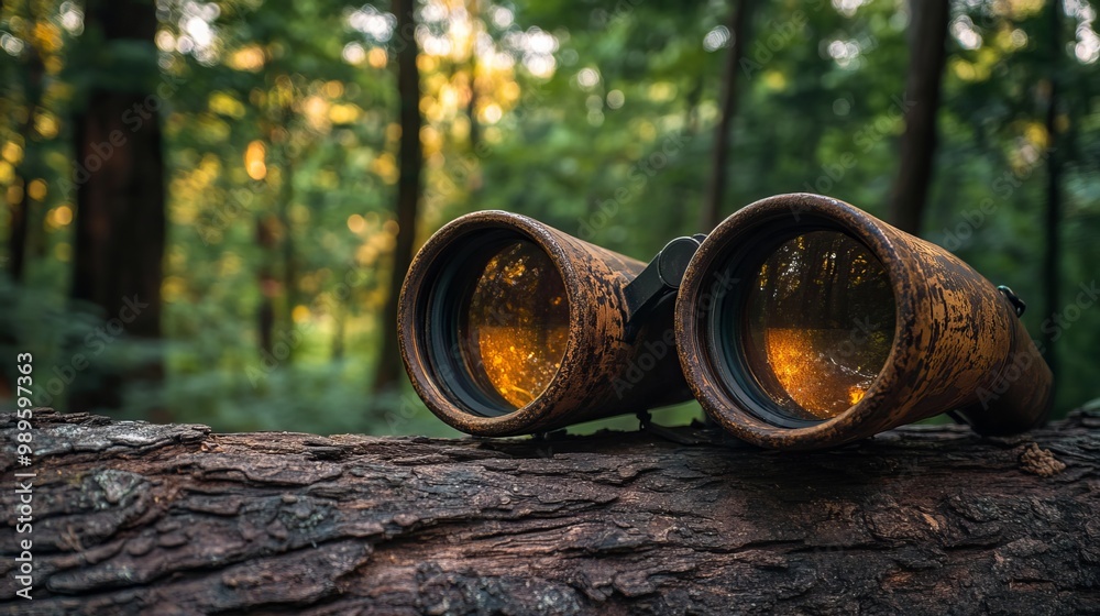 Antique binoculars perched on a rustic log, their polished lenses capturing the verdant tapestry of towering trees. The surrounding woodland invites exploration and invites keen observation Antique binoculars perched on a rustic log, their polished lenses capturing the verdant tapestry of towering trees. The surrounding woodland invites exploration and invites keen observation