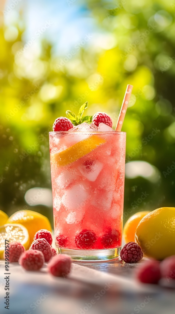 A refreshing glass of raspberry lemonade with fresh raspberries and lemons, set against an outdoor backdrop with greenery in the background A refreshing glass of raspberry lemonade with fresh raspberries and lemons, set against an outdoor backdrop with greenery in the background