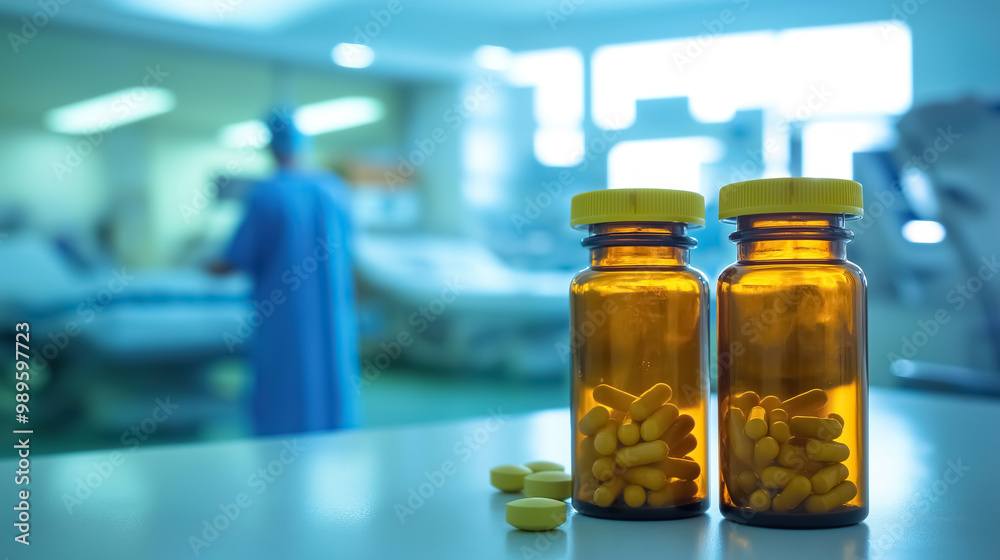 A close-up of two yellow pill bottles A close-up of two yellow pill bottles