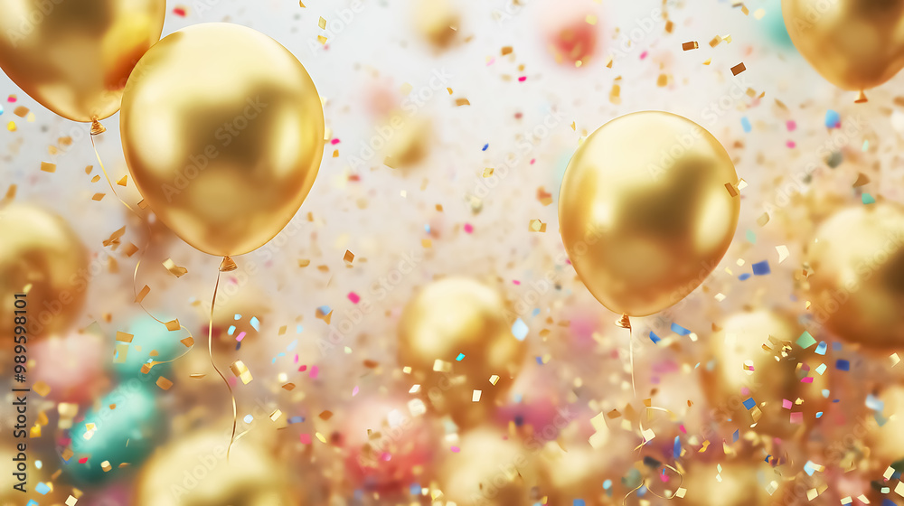 A celebration scene with a shiny gold balloons and a flurry of colorful confetti A celebration scene with a shiny gold balloons and a flurry of colorful confetti