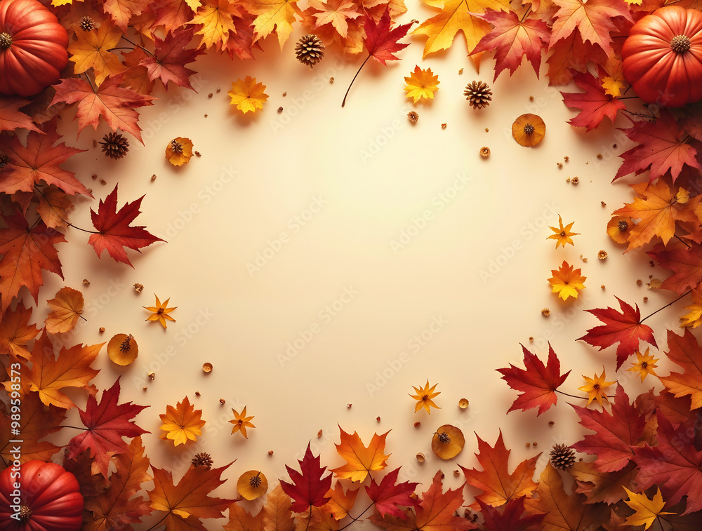 Warm autumn background with red and yellow leaves and pumpkins with empty copy space in the center Warm autumn background with red and yellow leaves and pumpkins with empty copy space in the center