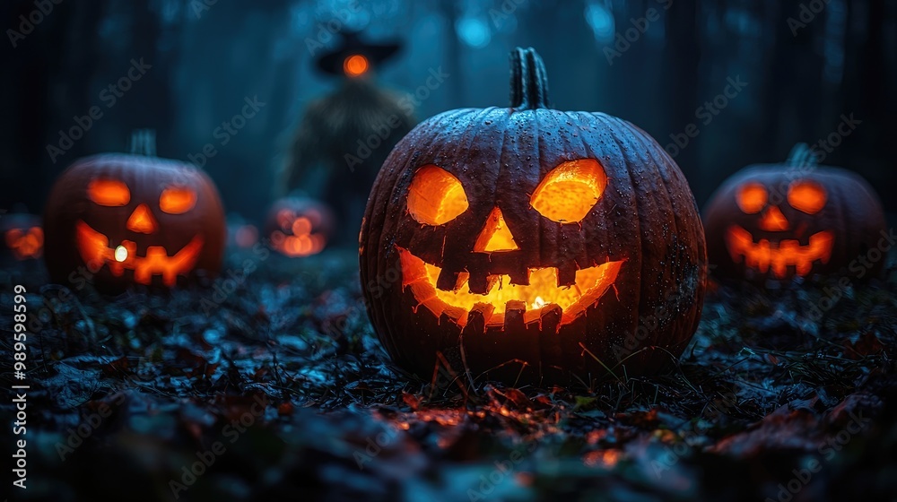 A creepy pumpkin patch at twilight, glowing jack-o'-lanterns with eerie faces, mist creeping between the rows, and a silhouette of a scarecrow coming to life in the background.. A creepy pumpkin patch at twilight, glowing jack-o'-lanterns with eerie faces, mist creeping between the rows, and a silhouette of a scarecrow coming to life in the background..