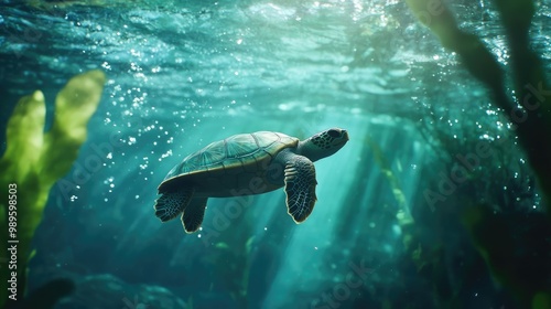 Sea turtle swimming peacefully just below the surface, surrounded by gentle bubbles and swaying underwater plants.