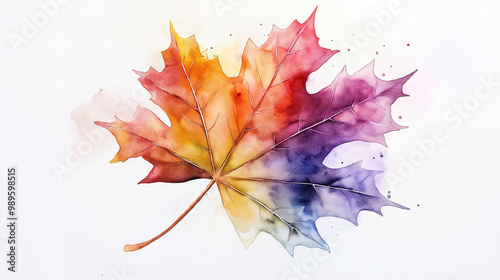 Watercolor-painted maple leaf showcasing a spectrum of rainbow colors