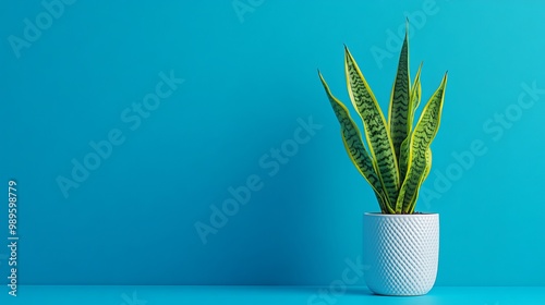 Create a banner with a blank area for your text featuring a stylish snake plant (Sansevieria trifasciata) on a blue backdrop. Trendy summer houseplants and the idea of an urban jungle. 