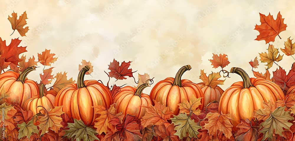 Festive autumn-themed border with pumpkins and cascading leaves for seasonal promotions. Festive autumn-themed border with pumpkins and cascading leaves for seasonal promotions.