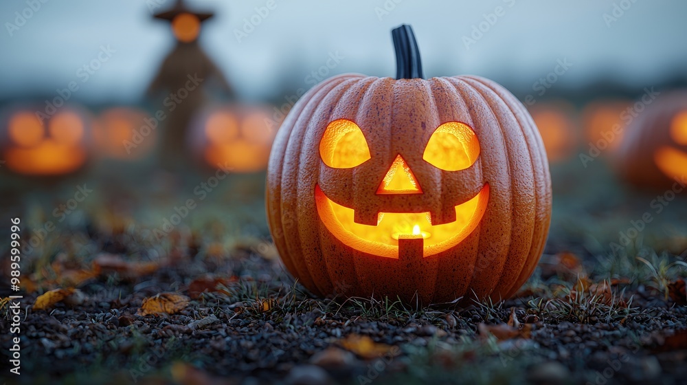 A creepy pumpkin patch at twilight, glowing jack-o'-lanterns with eerie faces, mist creeping between the rows, and a silhouette of a scarecrow coming to life in the background. A creepy pumpkin patch at twilight, glowing jack-o'-lanterns with eerie faces, mist creeping between the rows, and a silhouette of a scarecrow coming to life in the background.