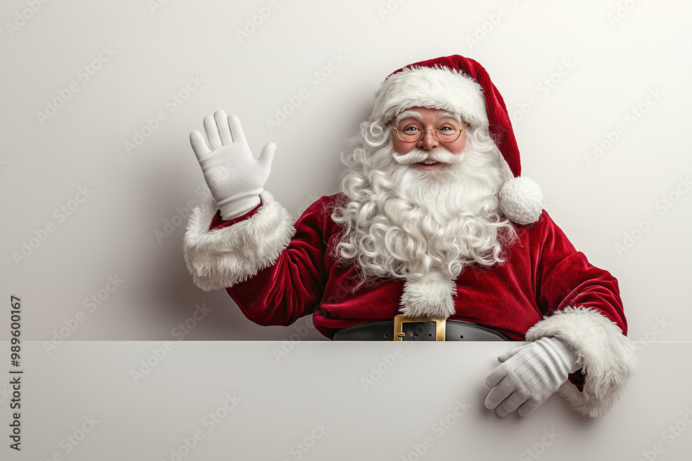 Full-body front view photo of Santa Claus sitting on a white panel and waving his hand, isolated on a white background.