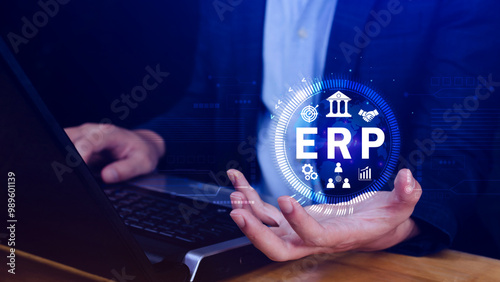 ERP Concept, Enterprise resource planning concept, analyzing ERP system on virtual screen, Connections between business intelligence, HR and CRM modules. photo