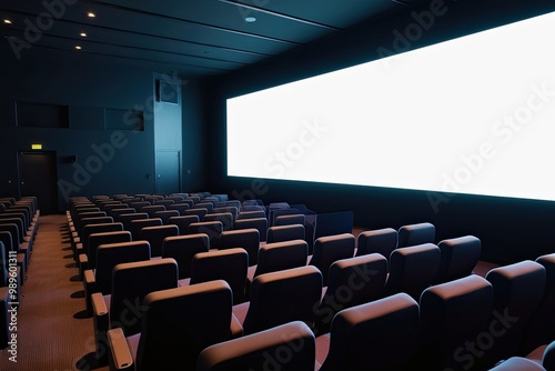 Emptiness in a Vivid Cinema: A Pristine White Display in a Row of Dark Theater Seats photo