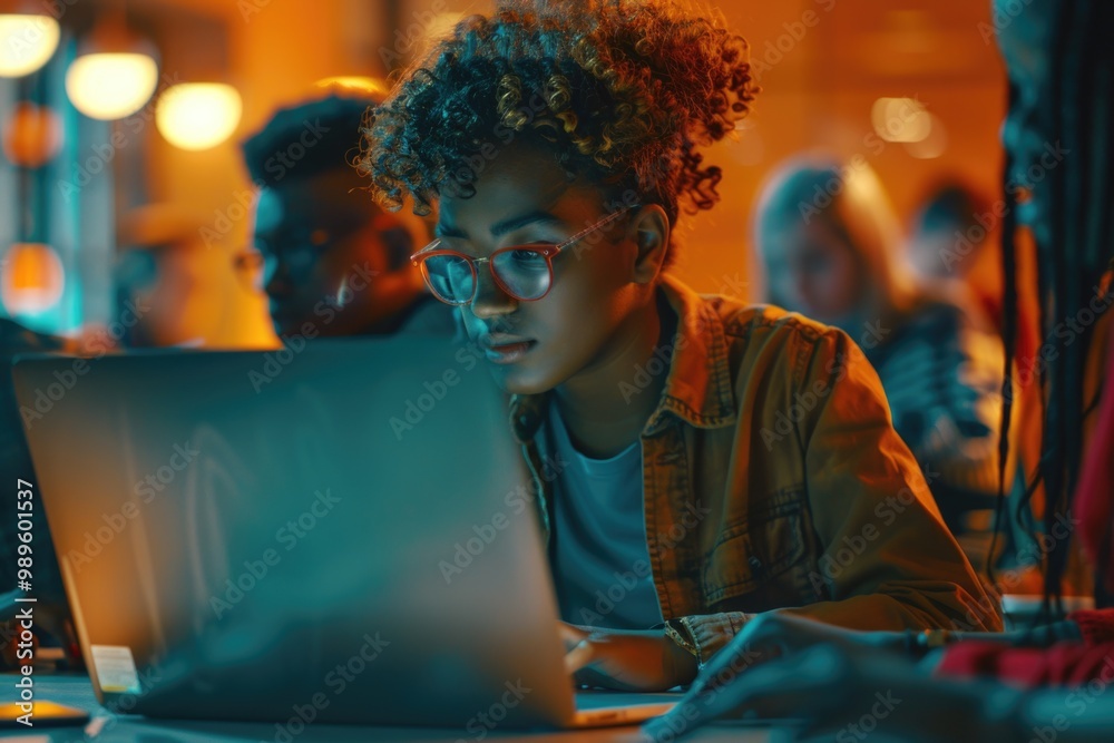 A woman sits in front of a laptop computer, focused on her work A woman sits in front of a laptop computer, focused on her work