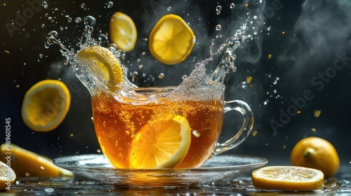 the procedure for preparing lemon tea. Tea splattered with flying wedges of lemon. An orange is placed in a cup together with hot tea. lemon. Warm food and the idea of eating well. photo