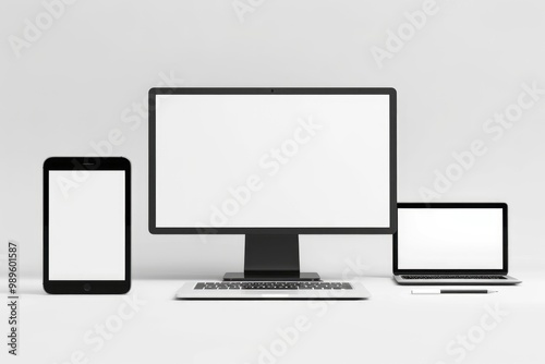 A collection of electronic devices including a computer monitor, laptop, phone, and tablet displayed on a clean white surface