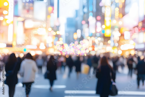 Blurred bokeh effect city street at night with people walking.