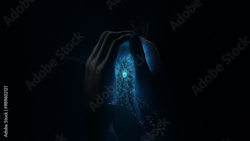 Mysterious crystal, giant stone hands protect the shining stone inside. 3D rendering, the concept of a secret treasure