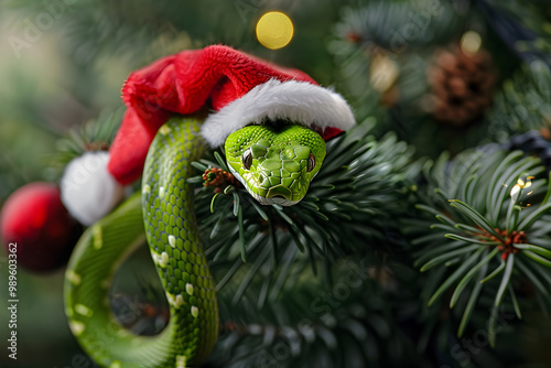 Background with New Year decoration and snake in Santa Claus hat, symbol of 2025. 