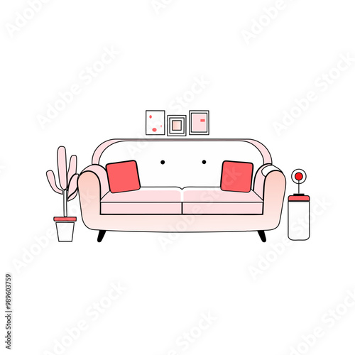 A simple vector illustration of a sofa with cushions and potted plants, perfect for home decor, interior design content, and room layout graphics...
