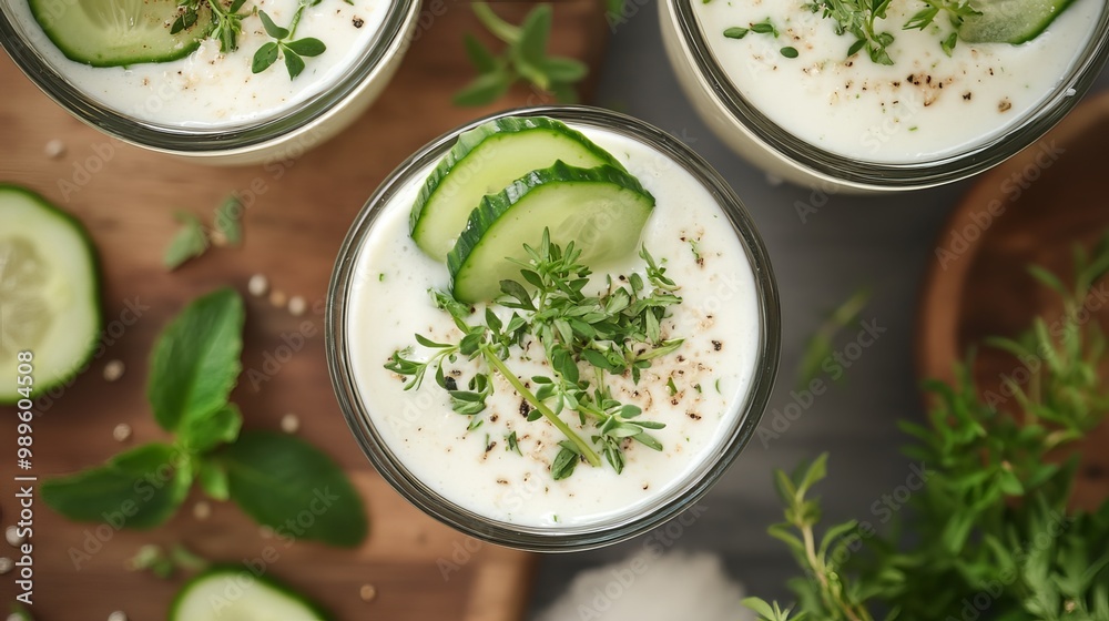 Kefir, a refreshing Asian yogurt drink, is served in a glass adorned with herbs. Ayran, a homemade summer cocktail, boasts a blend of herbs, lime, and cucumbers Kefir, a refreshing Asian yogurt drink, is served in a glass adorned with herbs. Ayran, a homemade summer cocktail, boasts a blend of herbs, lime, and cucumbers