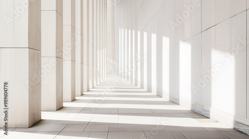 A minimalist concrete building captured in constructivist and extraterrestrial architectural style, with facade details in white, grey, and beige, and sunlit shadows.