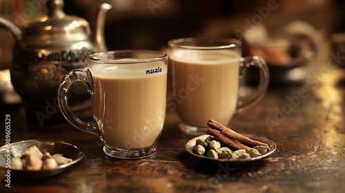 Masala chai, a traditional Indian beverage, is a fragrant blend of black tea and aromatic spices. This flavorful drink, often referred to as masala tea  is a cultural staple in India and beyond photo