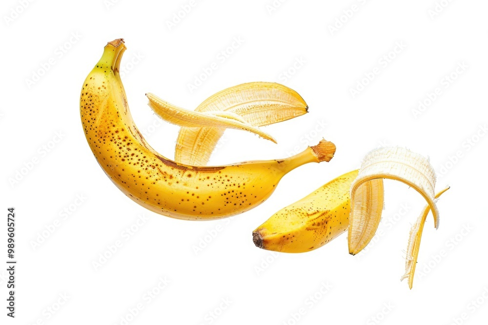 Two bananas with peels partially removed, sitting on a white surface Two bananas with peels partially removed, sitting on a white surface