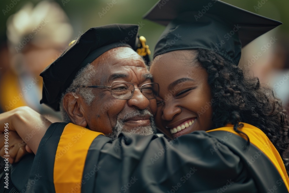 Fototapeta premium A moment of celebration and joy at a graduation ceremony, with two people embracing each other