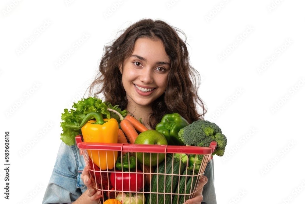 A woman carrying a basket filled with fresh vegetables A woman carrying a basket filled with fresh vegetables