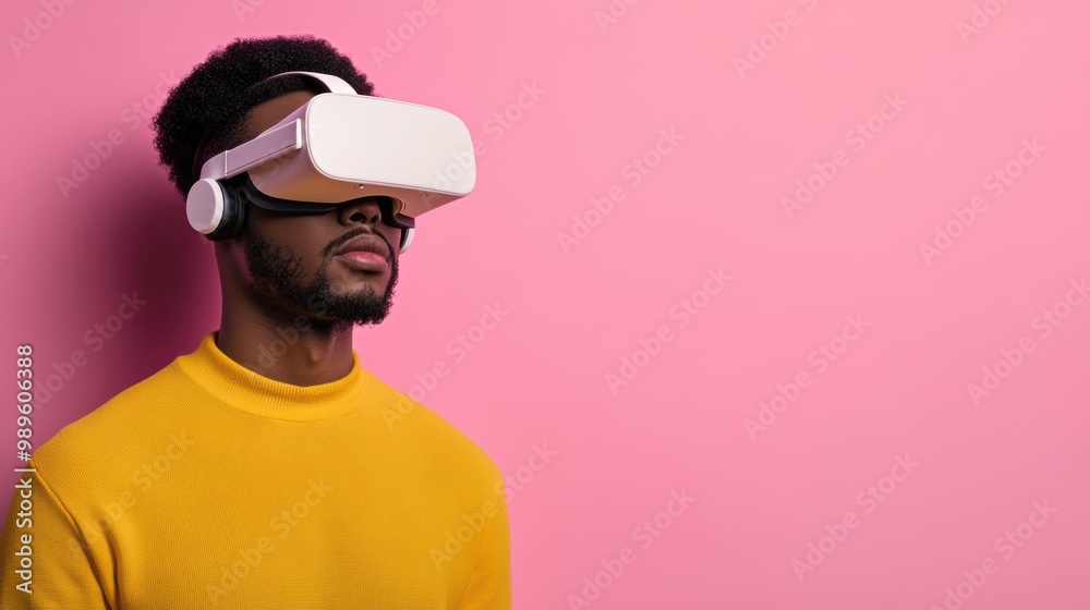 A man in yellow sweater with virtual reality headset on his face, AI A man in yellow sweater with virtual reality headset on his face, AI