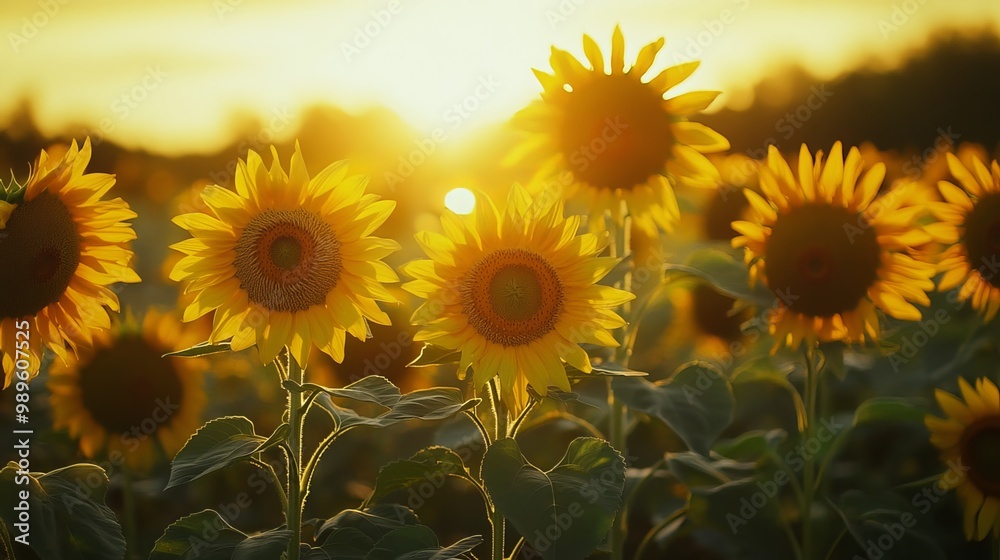 Fototapeta premium Sunflowers stand tall in the golden glow of dusk, a symbol of summer's bounty. Their stately presence evokes images of vast fields, cultivating the seeds that fuel our world.