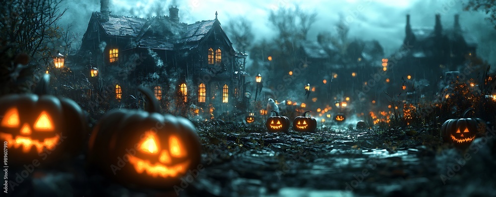 Obraz premium Halloween village backdrop featuring haunted houses and creepy pumpkins.