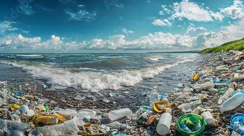 A coastal beach littered with plastic waste waves washing up more debris. photo