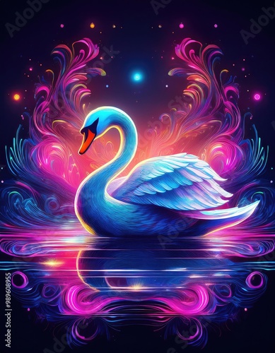 A swan floats on water photo