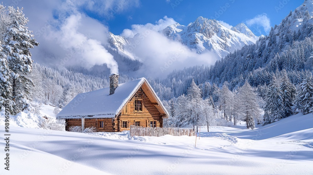 A peaceful mountain retreat with a wooden cabin surrounded by snow-covered trees and majestic peaks under a clear blue sky A peaceful mountain retreat with a wooden cabin surrounded by snow-covered trees and majestic peaks under a clear blue sky