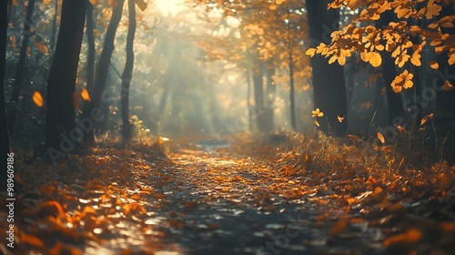 Autumn leaves blanketing serene path through forest landscapee picture photo