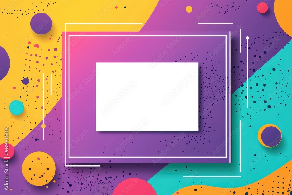 Abstract geometric design with a purple card and white box centered on a vibrant multicolor background Abstract geometric design with a purple card and white box centered on a vibrant multicolor background