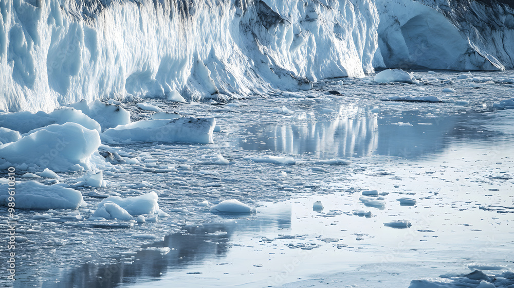 A collapsed glacier in the Arctic with ice fragments scattered. A collapsed glacier in the Arctic with ice fragments scattered.