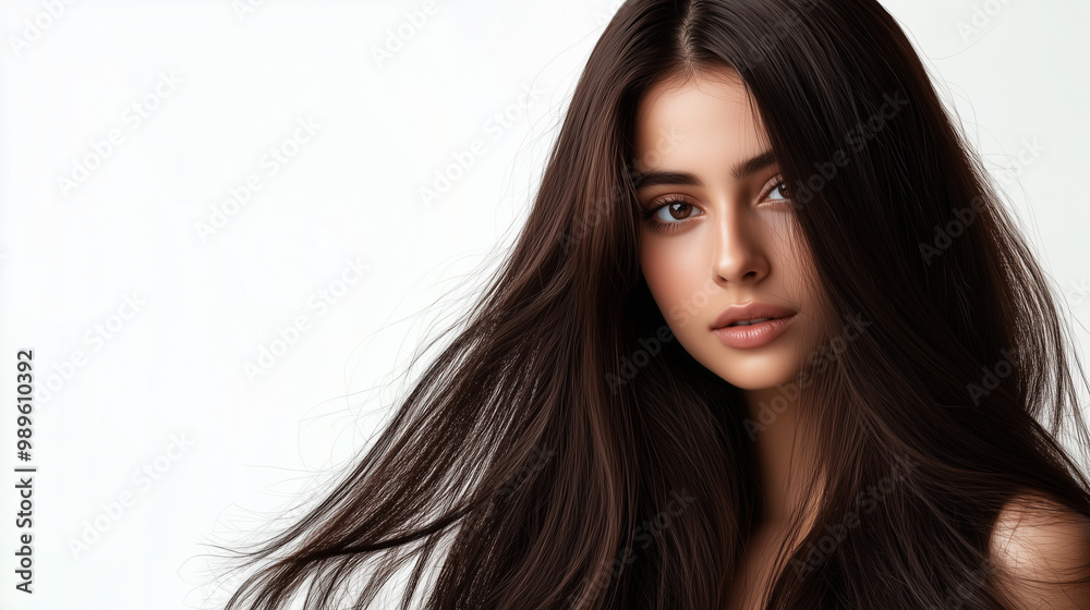 Arabic girl with long shiny brown hair on a white background, shampoo advertising Arabic girl with long shiny brown hair on a white background, shampoo advertising