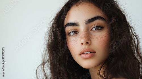 Arabic girl with long shiny brown hair on a white background, shampoo advertising