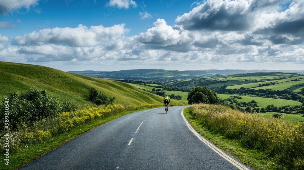 A cyclist speeding down a hill on a paved road in the countryside, with rolling green hills and blue skies in the background. A cyclist speeding down a hill on a paved road in the countryside, with rolling green hills and blue skies in the background.