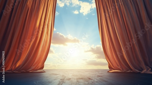 A dynamic shot of a curtain being flung open to reveal a stunning view, symbolizing excitement and the promise of new experiences photo