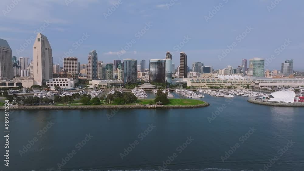 Aerial view of the scenic San Diego downtown financial district city skyline and skyscrapers. Marriott Marina and Convention Center at San Diego Bay. Aerial view of the scenic San Diego downtown financial district city skyline and skyscrapers. Marriott Marina and Convention Center at San Diego Bay.