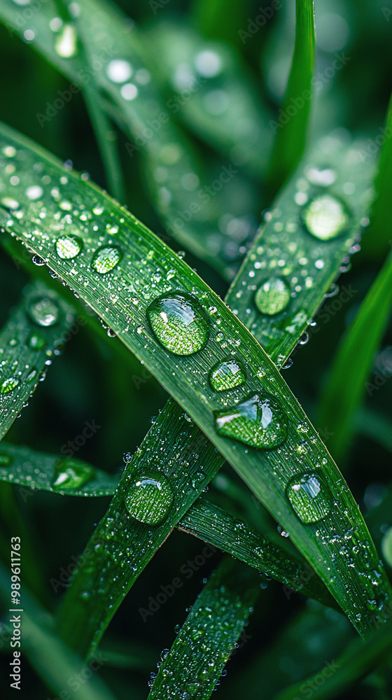 Close Up of Dew Drops on Lush Green Grass in Morning Sunlight Close Up of Dew Drops on Lush Green Grass in Morning Sunlight