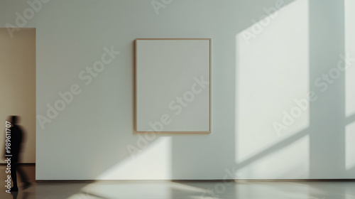 Blank artwork, blank poster hanging in a frame mockup on an art gallery walls in art gallery, miminalistic modern art exhibition atmosphere, curated display for creative artwork background