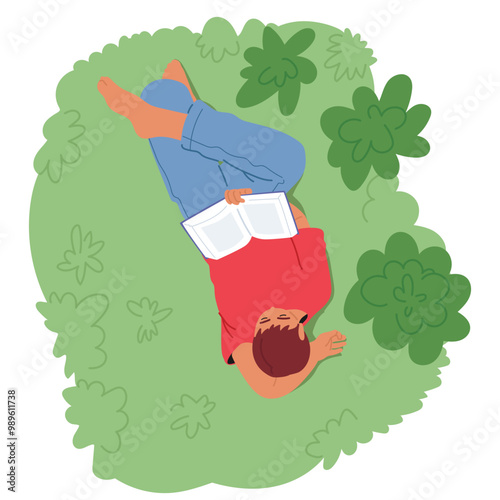 Person Relaxing On Green Grass While Reading A Book From A Top View. Scene Evokes Peacefulness And Leisure