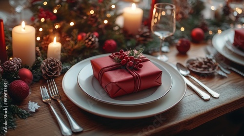 Christmas dinner concept. Christmas plate on the table. Festive Xmas background