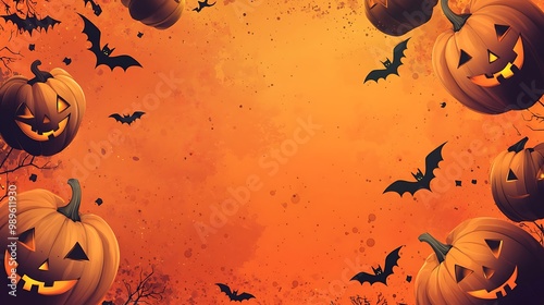 Personalizable Halloween digital frame with a design of pumpkins and bats in a festive layout. photo